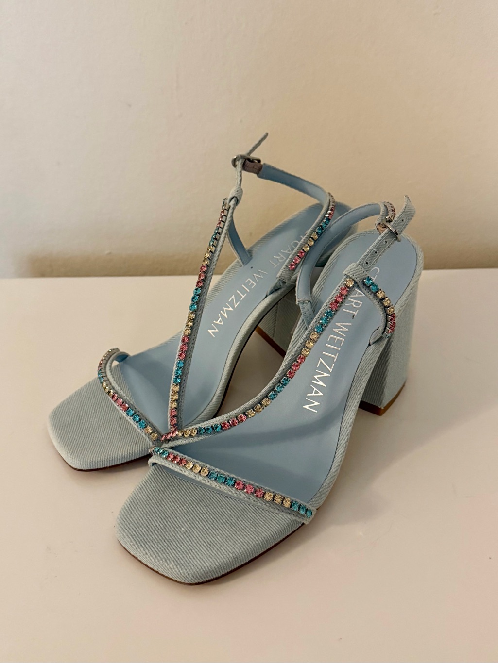 Stuart Weitzman Denim Crystal Block Heel Sandals Size 7